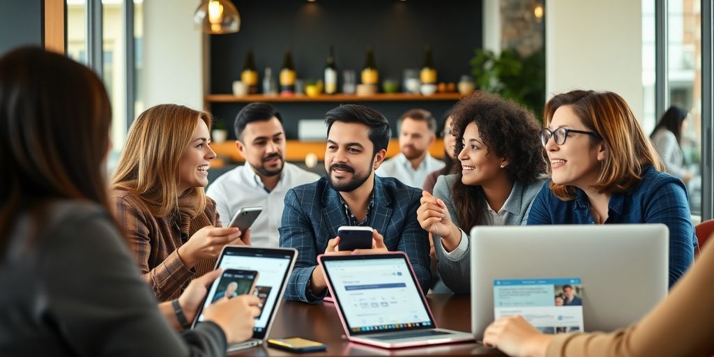 Gruppe von Verbrauchern diskutiert Feedback in einem Cafe.