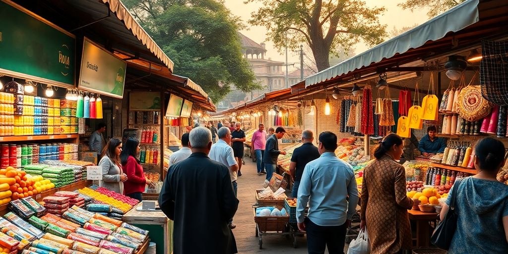 Markt mit bunten Ständen und kauflustigen Kunden.