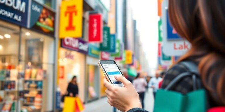 Person mit Smartphone in Stadt vergleicht Preise.