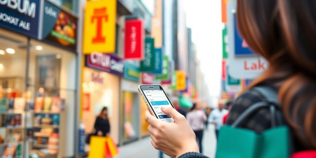 Person mit Smartphone in Stadt vergleicht Preise.