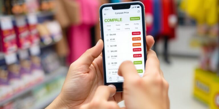 Person vergleicht Preise auf Smartphone.